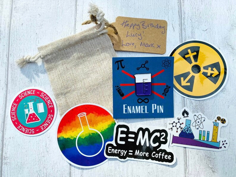 Beaker Science Enamel Pin Back to School / University Badge & waterproof stickers for laptops! Scientist- chemist- physicist gift box