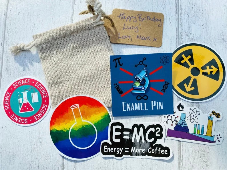 Biology Science Enamel Pin Back to School / University Badge & waterproof stickers for laptops! Scientist- chemist- physicist gift box