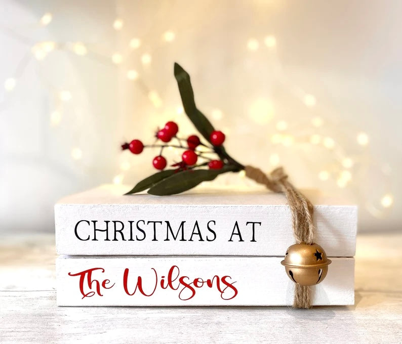 Personalised Christmas Book Stack Ornament with Family Name! Christmas Decorations- Festive Coffee Table & Bookcase Decor