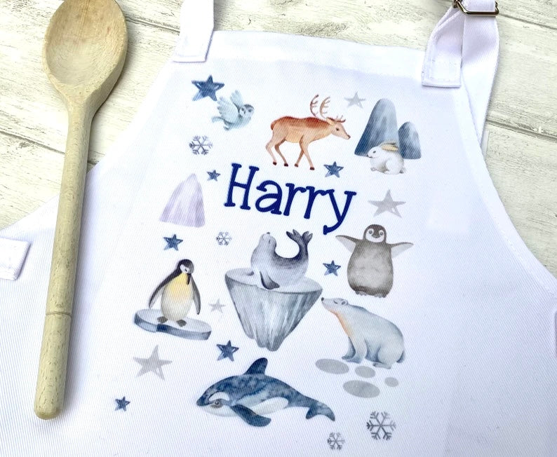 Arctic Animals Kids Apron plus Cookie Mix Jar! Polar Bear, Penguin, Seal Children’s Winter Gift! Great Child Baking Set Gift! Christmas