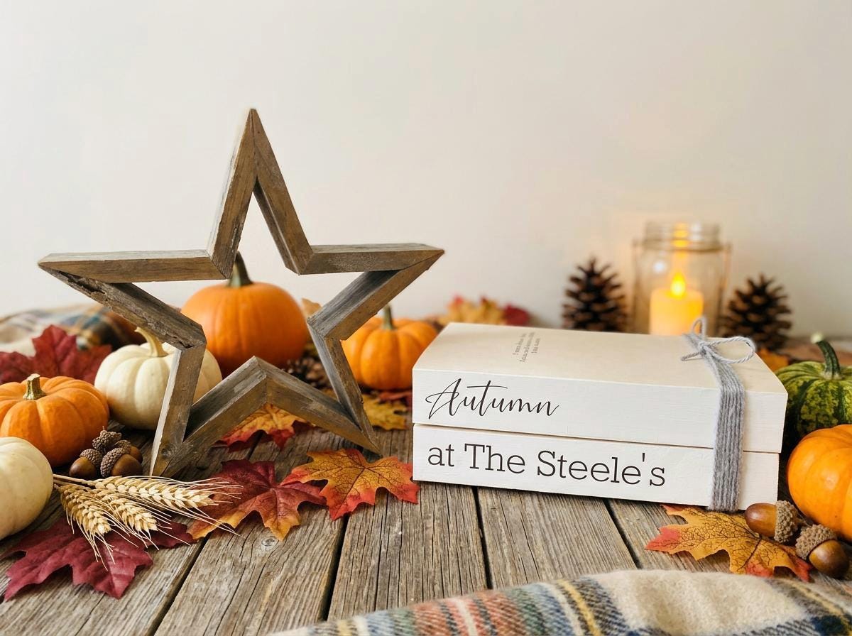 Personalised Autumn Book Stack Decor: Welcome Hallway Ornament. Fall Decor.