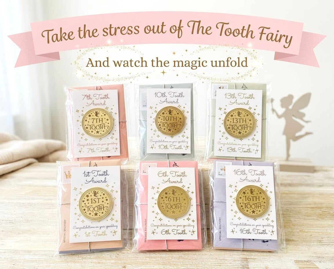 COMPLETE Tooth Fairy Kit | 20 Tooth Fairy Gold COINS & LETTERS - one for each tooth! First Tooth Fairy Kit | Buy individually or as a set