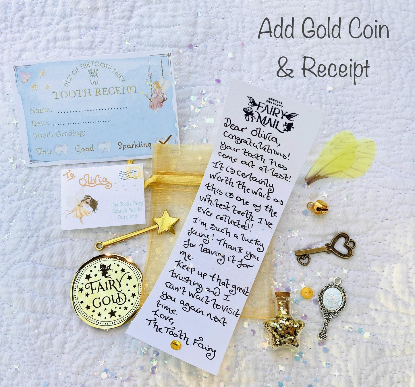 Tooth Fairy Kit- Tooth Fairy Letter, Fairy Dust and Tooth Fairy Gold Coin- First Tooth or Other Tooth. Tooth Fairy Gifts & Tooth Collection