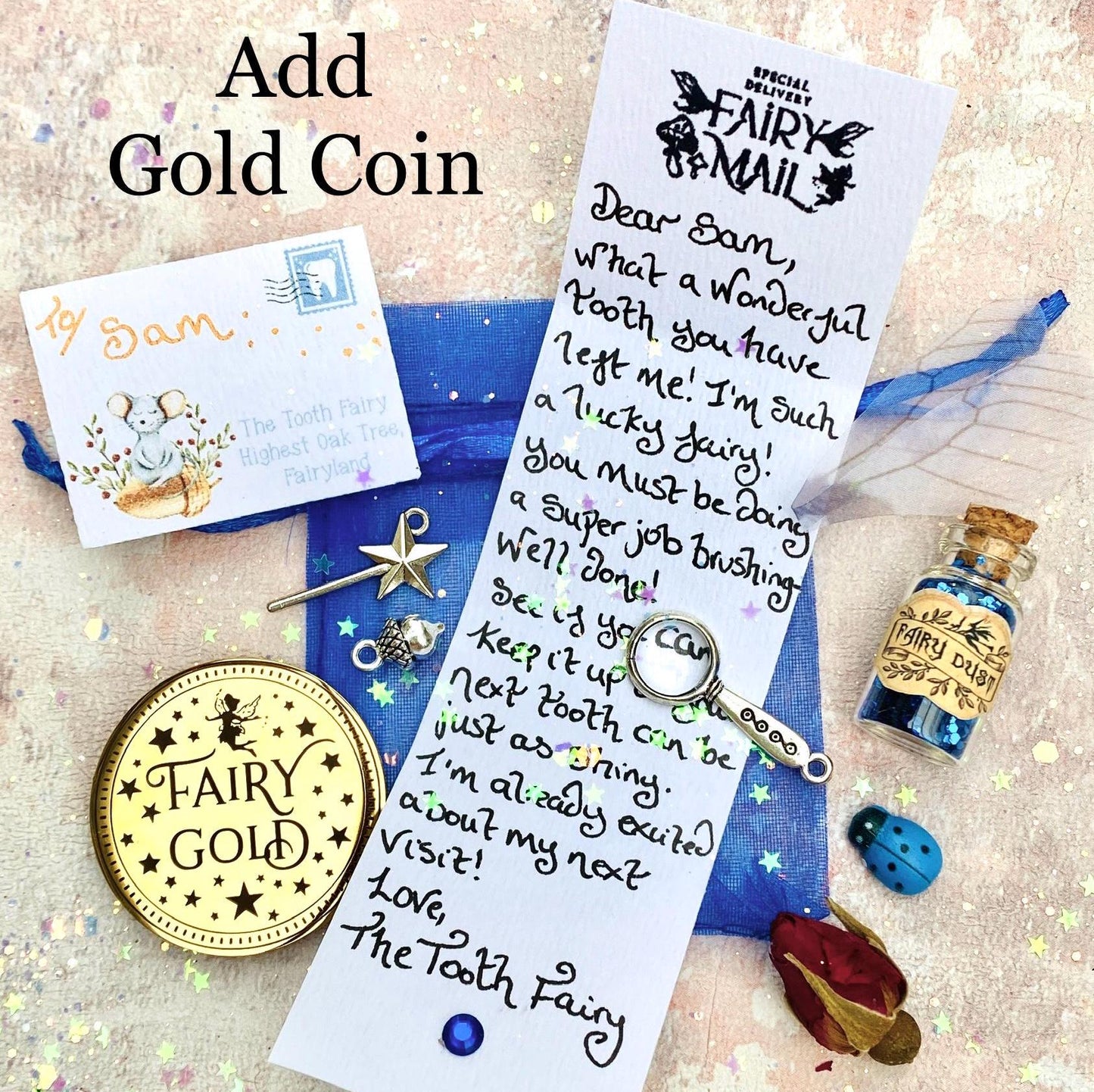 Tooth Fairy Kit- Tooth Fairy Letter, Fairy Dust and Tooth Fairy Gold Coin- First Tooth or Other Tooth. Tooth Fairy Gifts & Tooth Collection