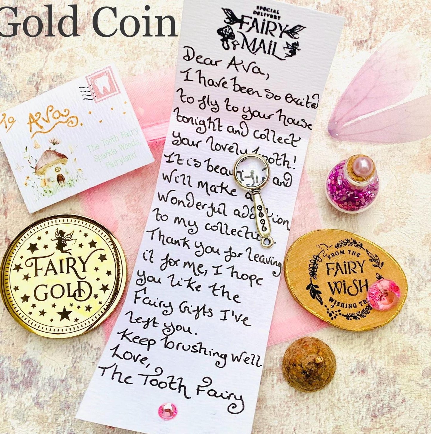 Tooth Fairy Kit- Tooth Fairy Letter, Fairy Dust and Tooth Fairy Gold Coin- First Tooth or Other Tooth. Tooth Fairy Gifts & Tooth Collection