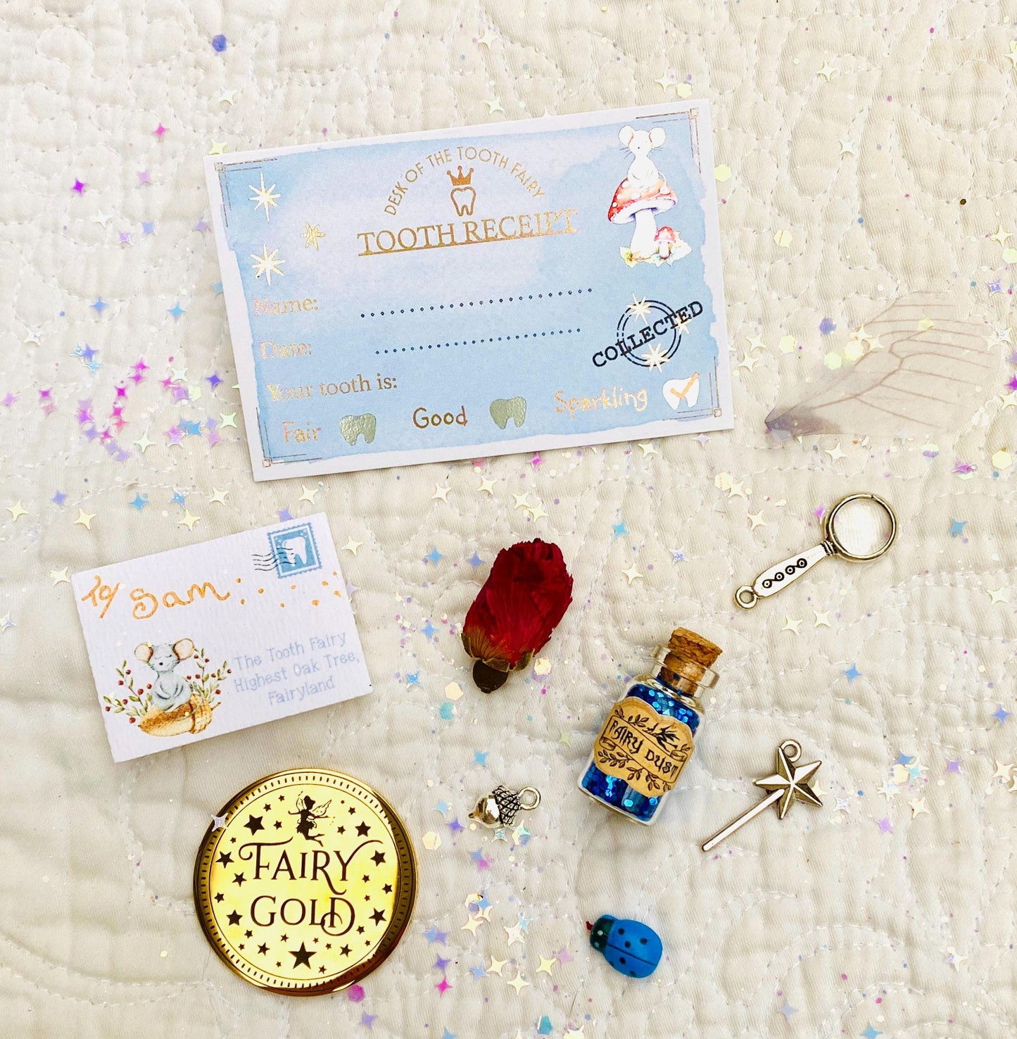Tooth Fairy Kit- Tooth Fairy Letter, Fairy Dust and Tooth Fairy Gold Coin- First Tooth or Other Tooth. Tooth Fairy Gifts & Tooth Collection