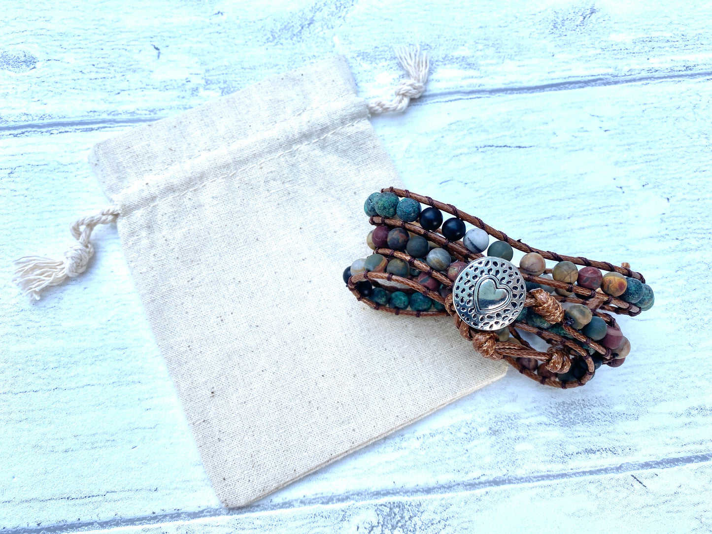 Beautiful Boho Bracelet -Beaded Leather Wrap Multi- Layered Chakra Bracelet with stones entwined with Leather. Friendship Bracelet