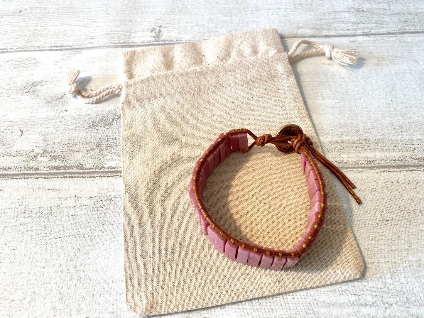 Beautiful Rhodonite Pink Boho Tube Bracelet -Beaded Leather Chakra Bracelet - natural stone entwined with Leather. Healing & Positive Energy