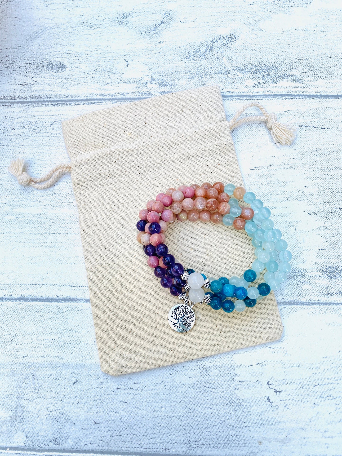 108 Mala Beads -Amethyst, Sunstone, quartz Natural Stone Meditation Necklace. Beautiful healing yoga bracelet. Japa Mala. Chakra jewellery
