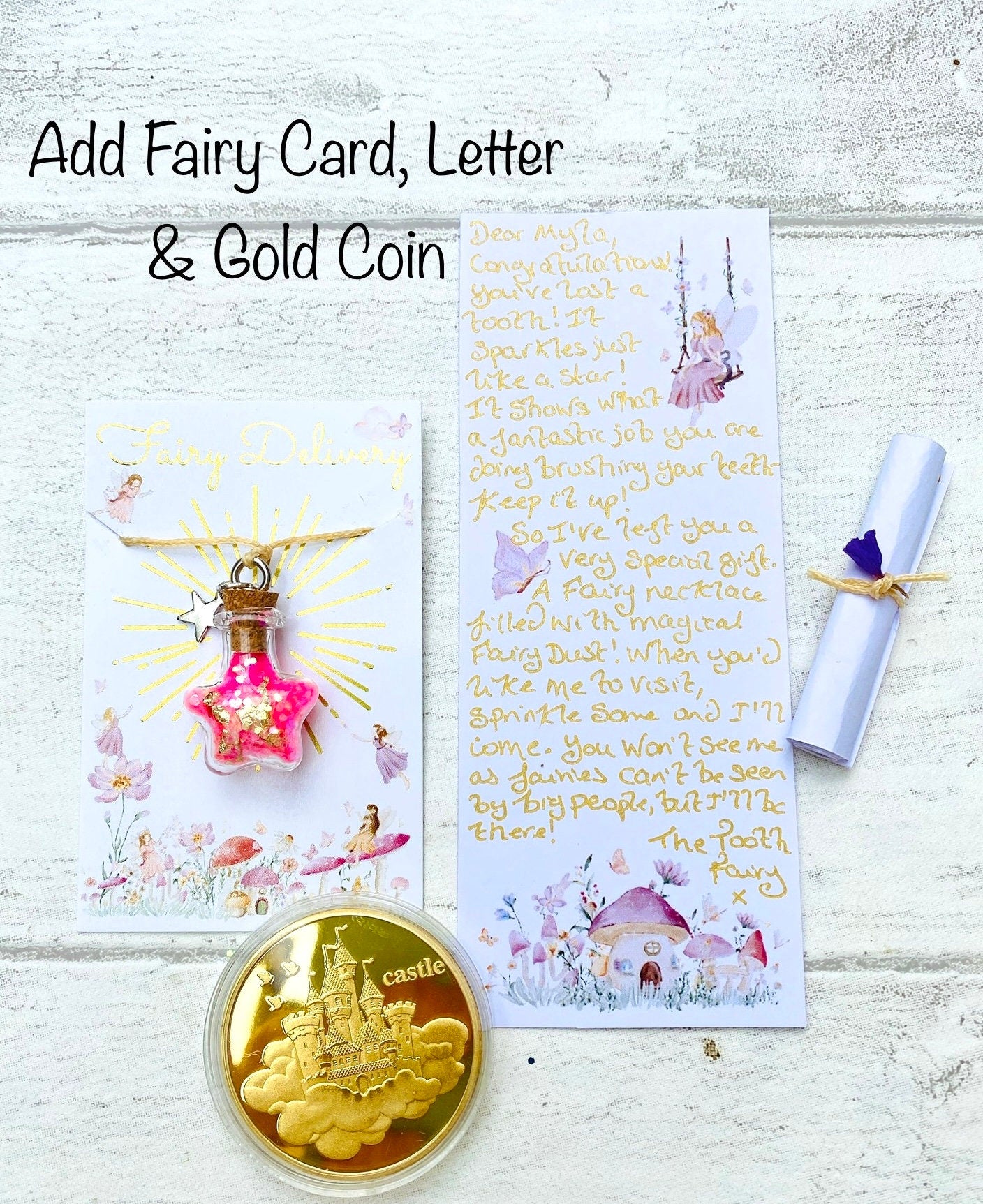 Fairy Dust Bottle Necklaces with Tooth Fairy Letter Gift. Fairy Party Bag Fillers, Fairy Dust Necklace, Fairy Party Bags, Mini Fairy Dust