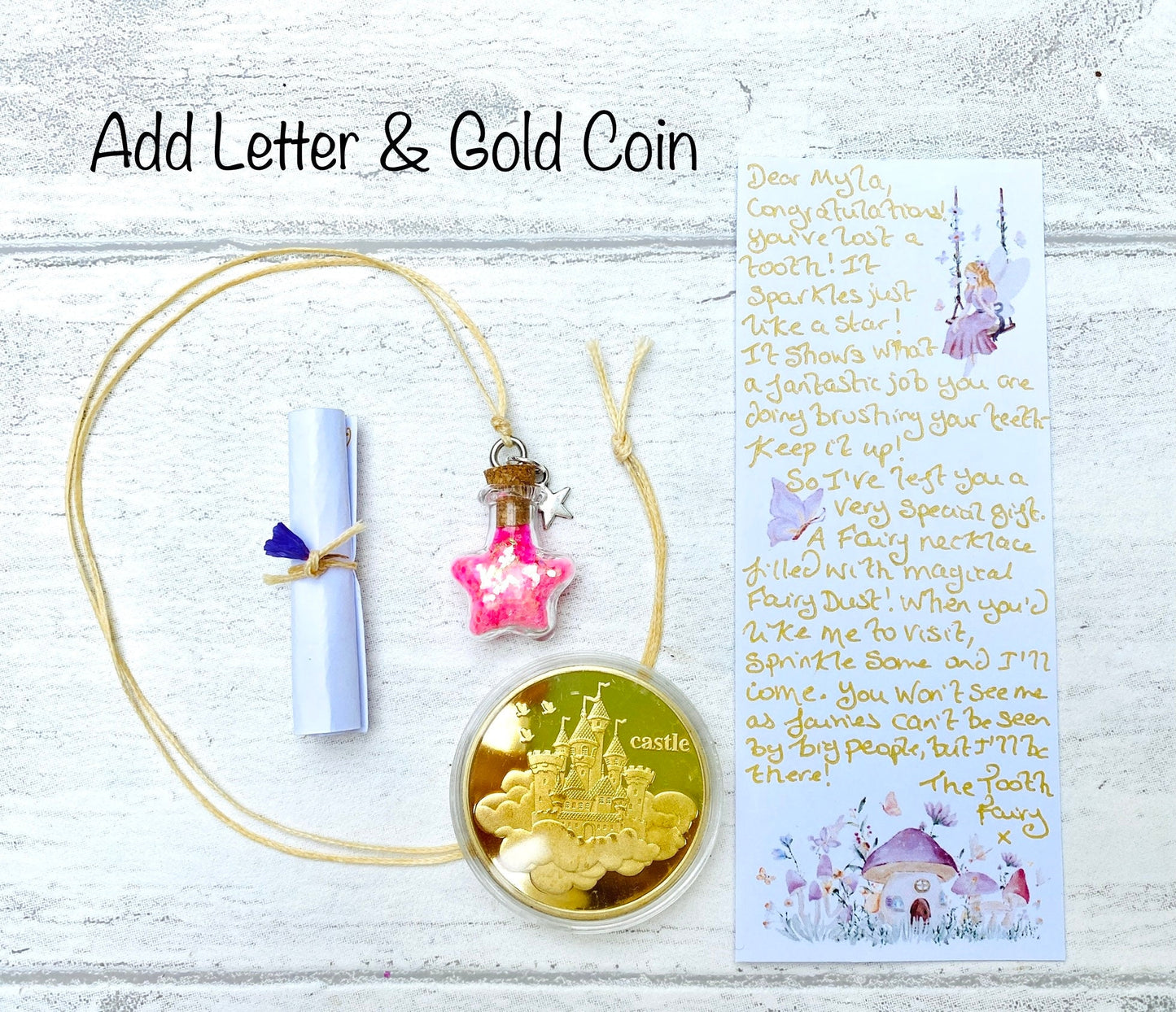 Fairy Dust Bottle Necklaces with Tooth Fairy Letter Gift. Fairy Party Bag Fillers, Fairy Dust Necklace, Fairy Party Bags, Mini Fairy Dust