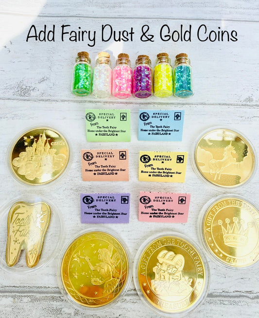 6 Personalised Tooth Fairy Letters with Fairy Dust & Gold Coins! Tooth Fairy Kit, Tooth Fairy Set with Fairy Gifts! First Tooth Fairy Visit