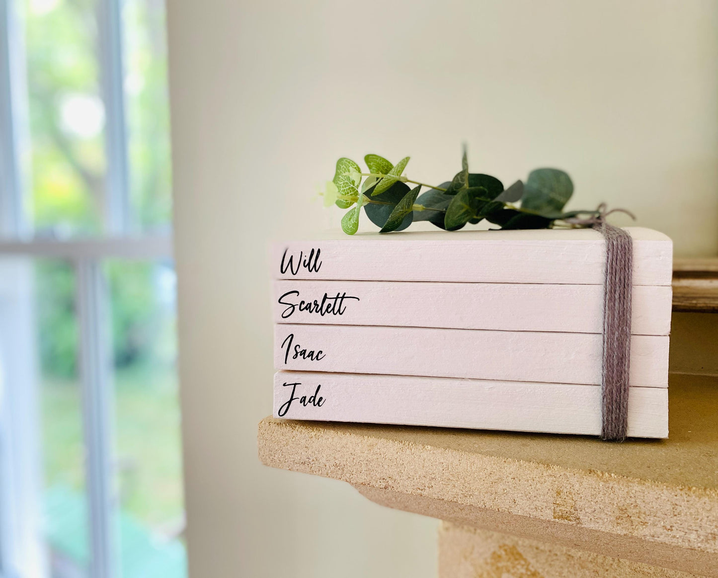 Your Family Names Book Stack Ornament! Coffee table decor, bookcase decor, hallway decor, white books decor! Shabby chic, farmhouse decor