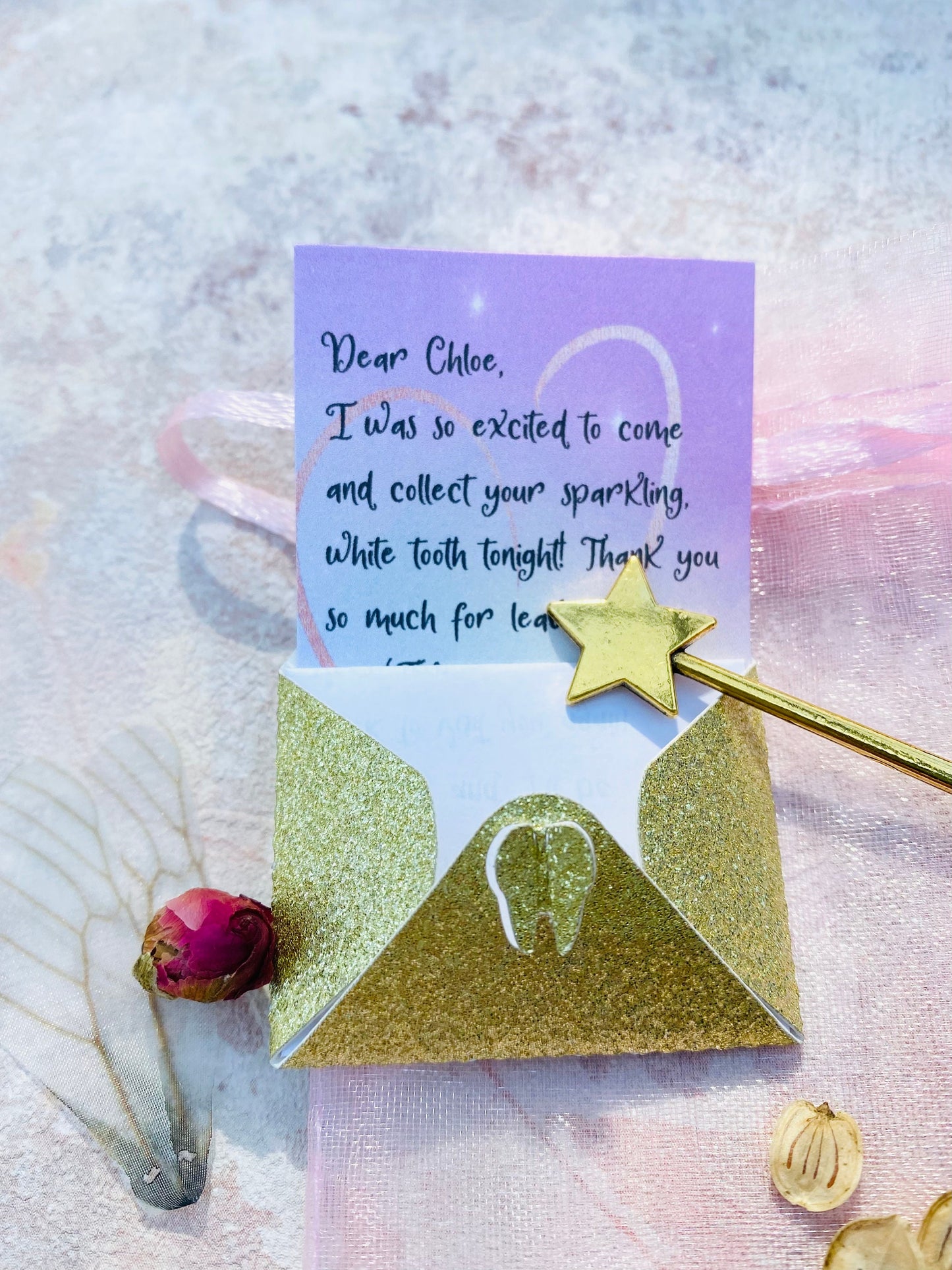 Tooth Fairy Set- Personalised Fairy Letter, bag with gifts, wand, fairy dust, fairy wings and more