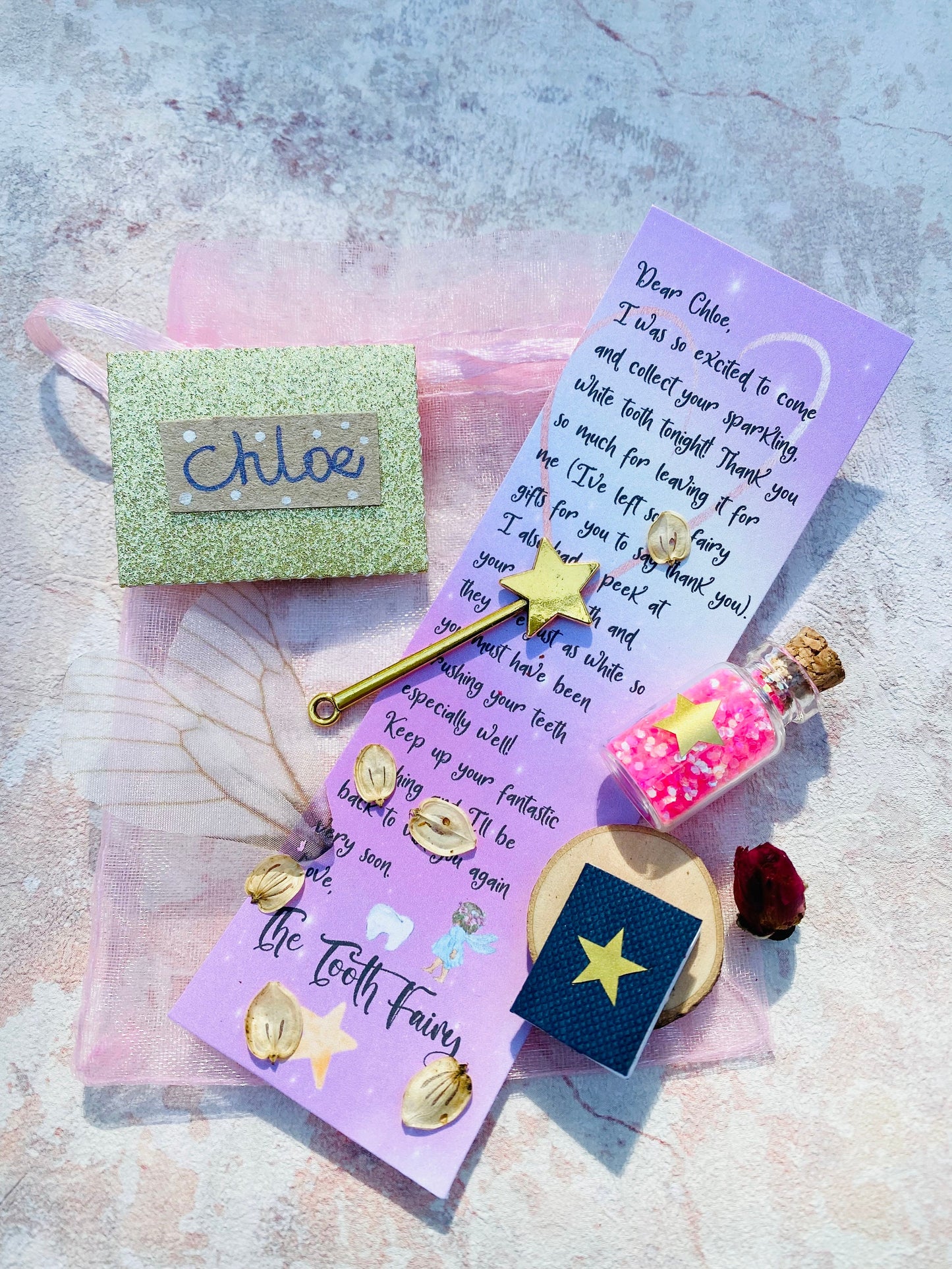 Tooth Fairy Set- Personalised Fairy Letter, bag with gifts, wand, fairy dust, fairy wings and more