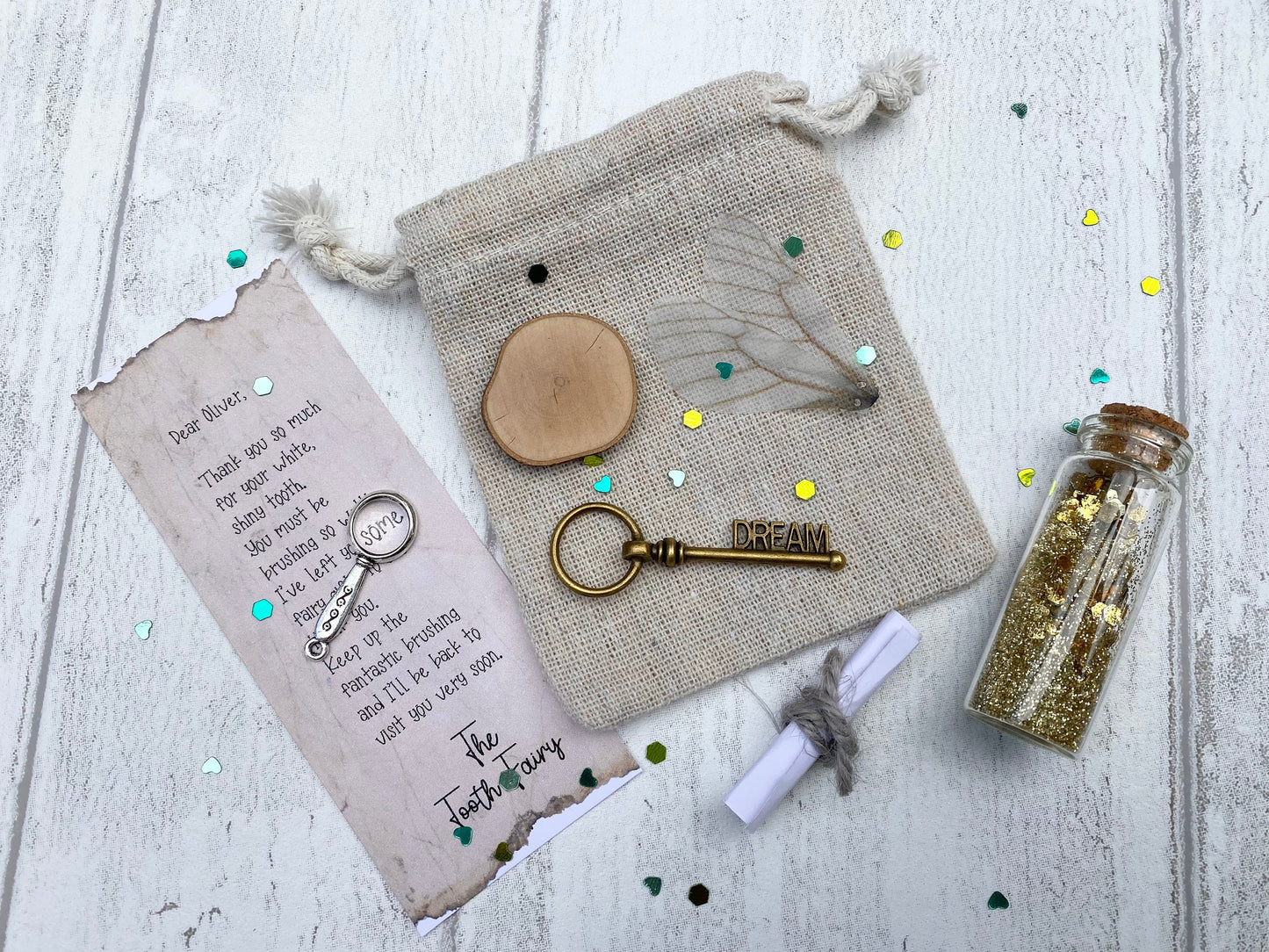 Personalised Tooth Fairy Kit- Girl’s & Boys Fairy Letter, bag with gifts, wand, fairy dust, fairy wings set