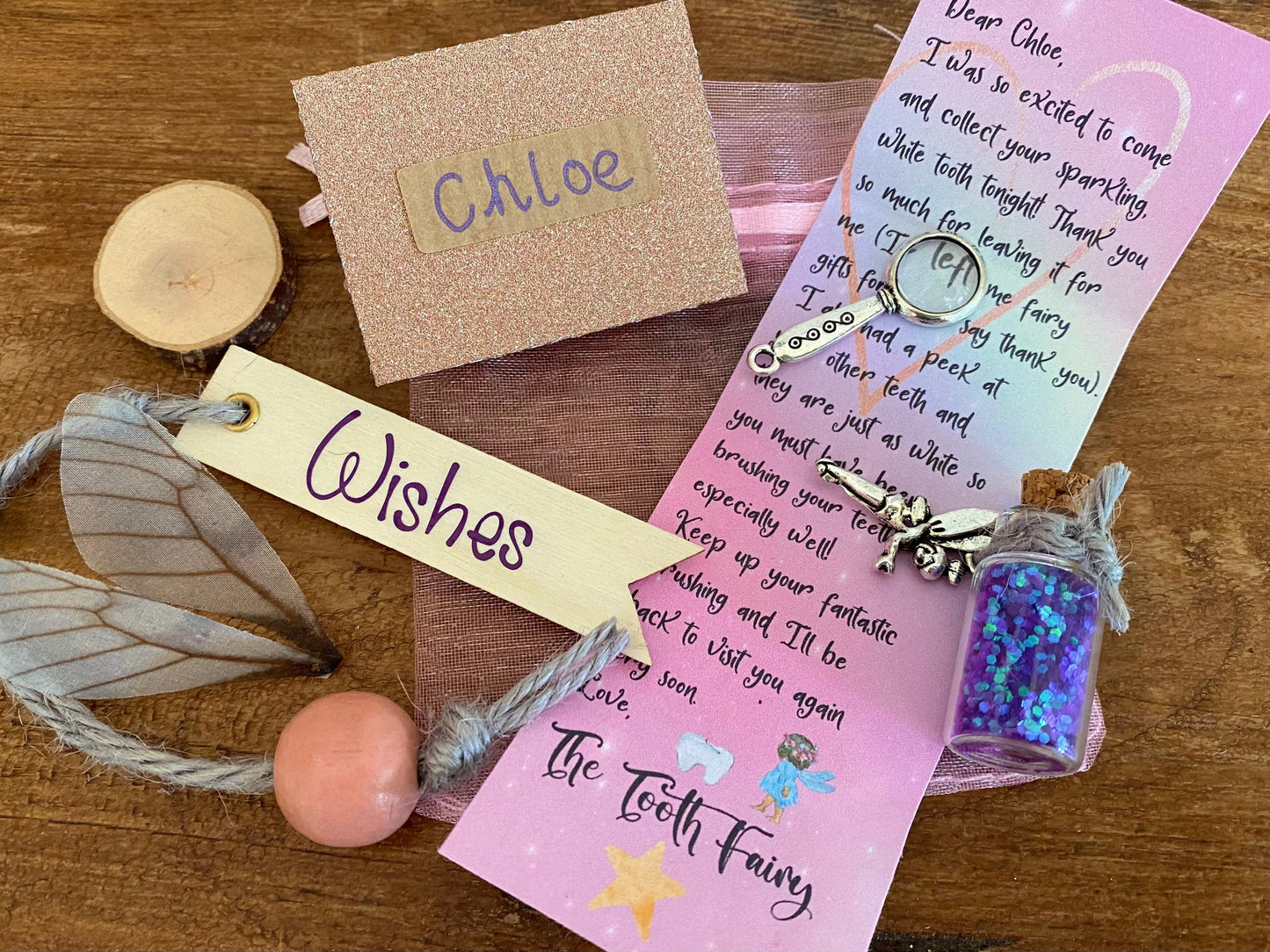 Tooth Fairy Letter & Gift Set, Personalised Fairy Letter, bag with gifts: wand, fairy dust, fairy wings and more