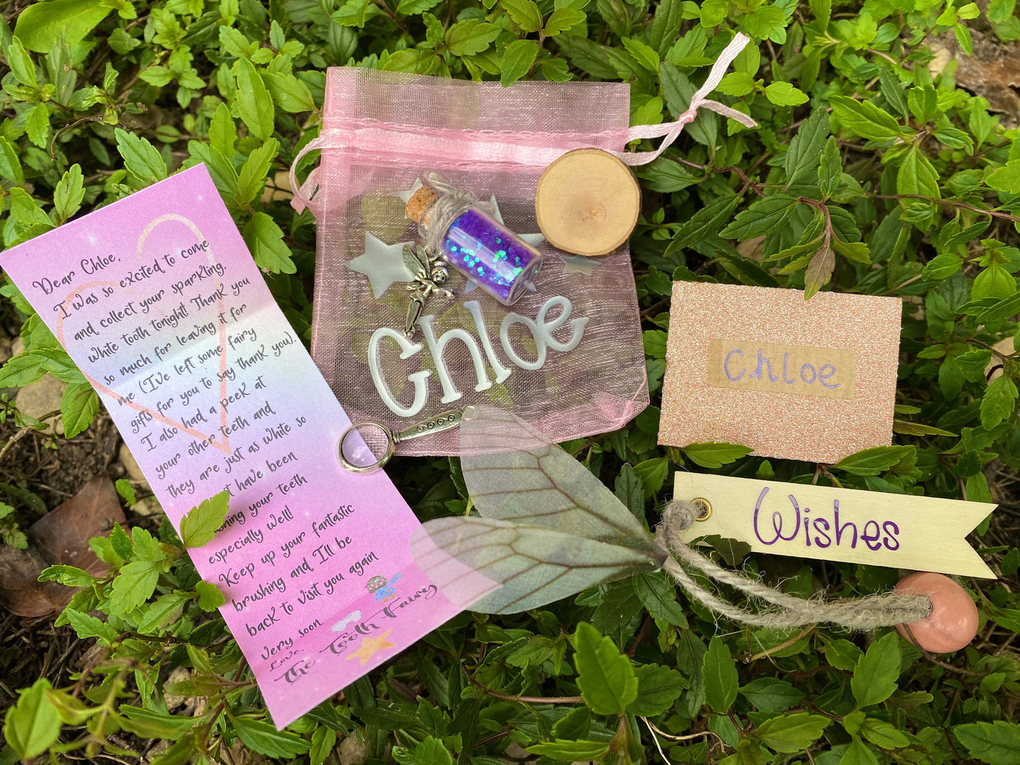 Tooth Fairy Letter & Gift Set, Personalised Fairy Letter, bag with gifts: wand, fairy dust, fairy wings and more