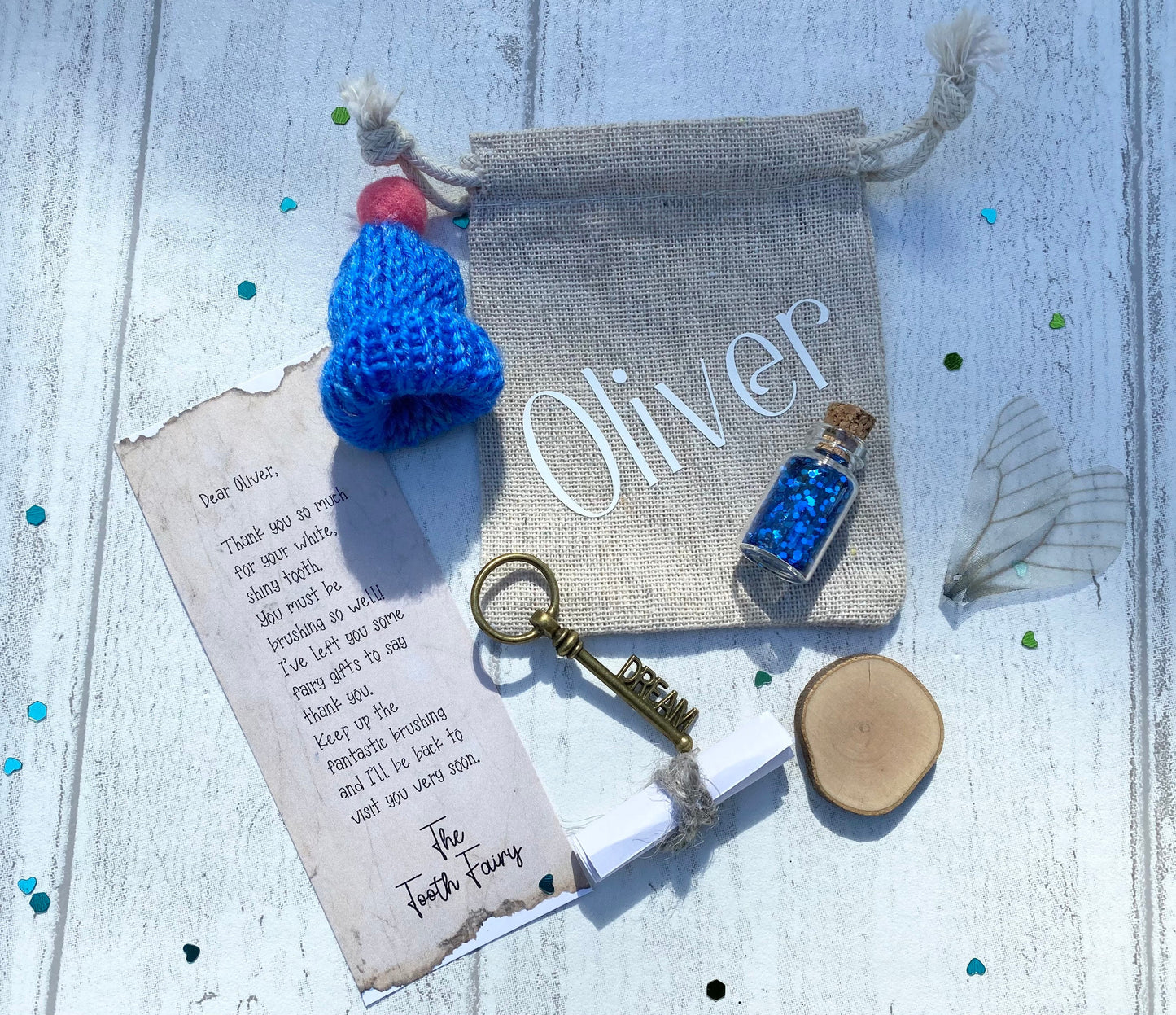 Personalised Tooth Fairy Kit- Girl’s & Boys Fairy Letter, bag with gifts, wand, fairy dust, fairy wings set