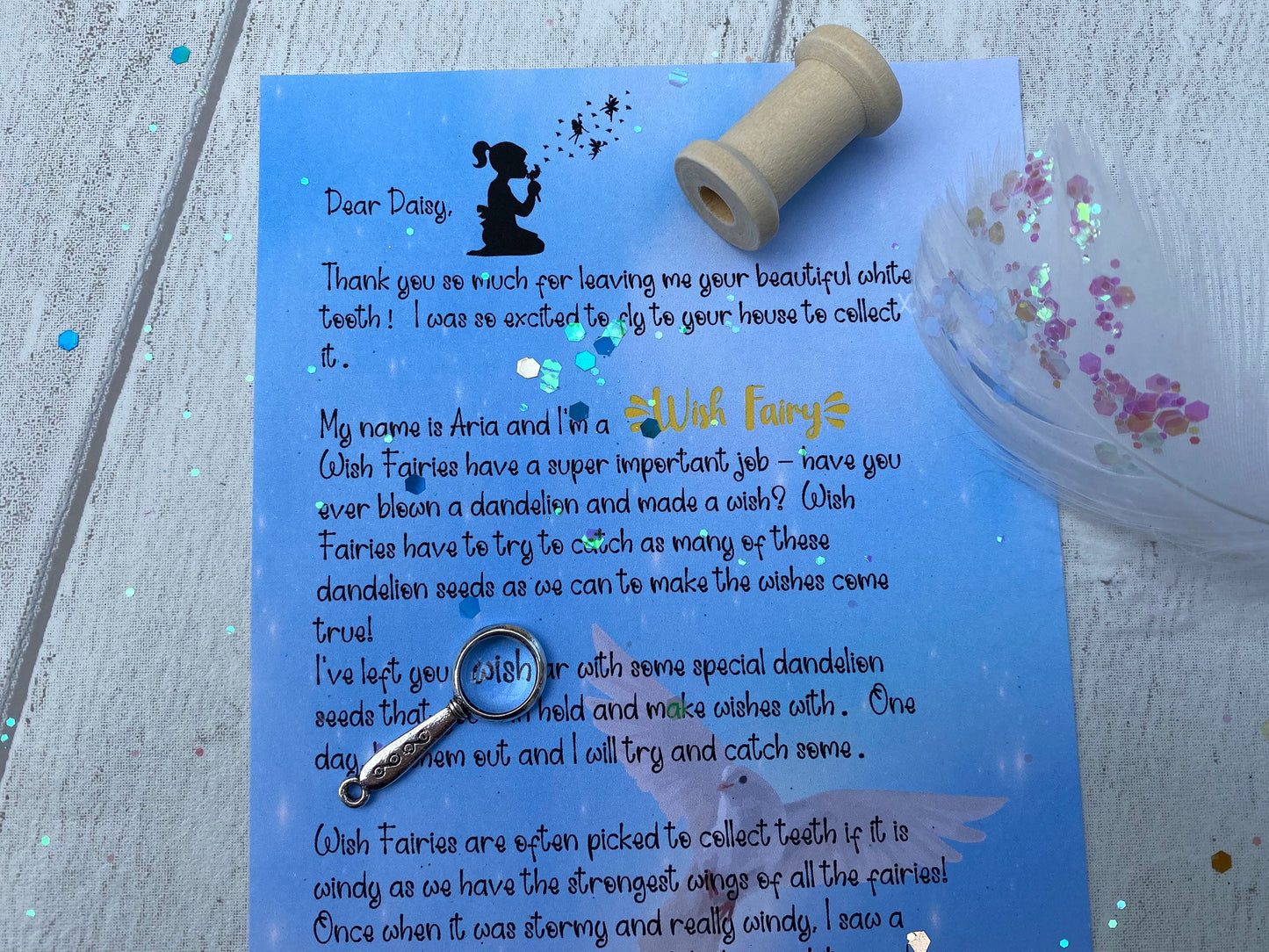 Wish Fairy- Tooth Fairy Letter Personalised gift box- Fairy Kit includes: Wish bottle, mini magnifying glass, magic feather, bobbin, cone