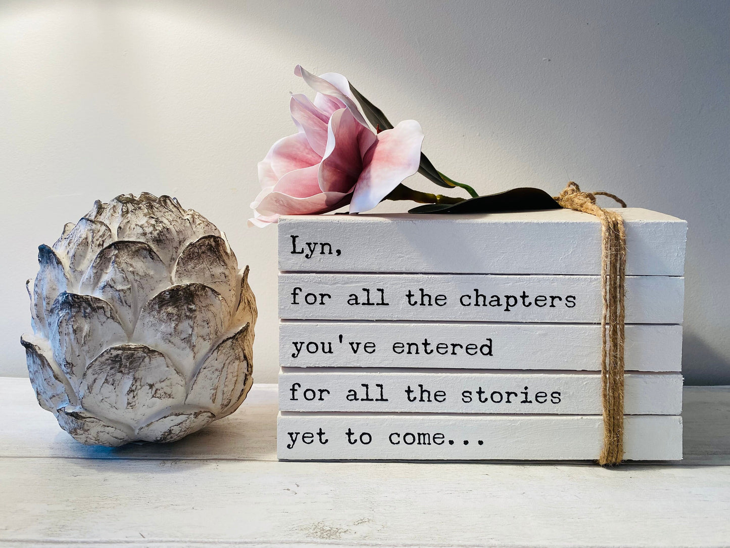 Personalised Retirement Leaving Gift! Beautiful, neutral home decor book stack