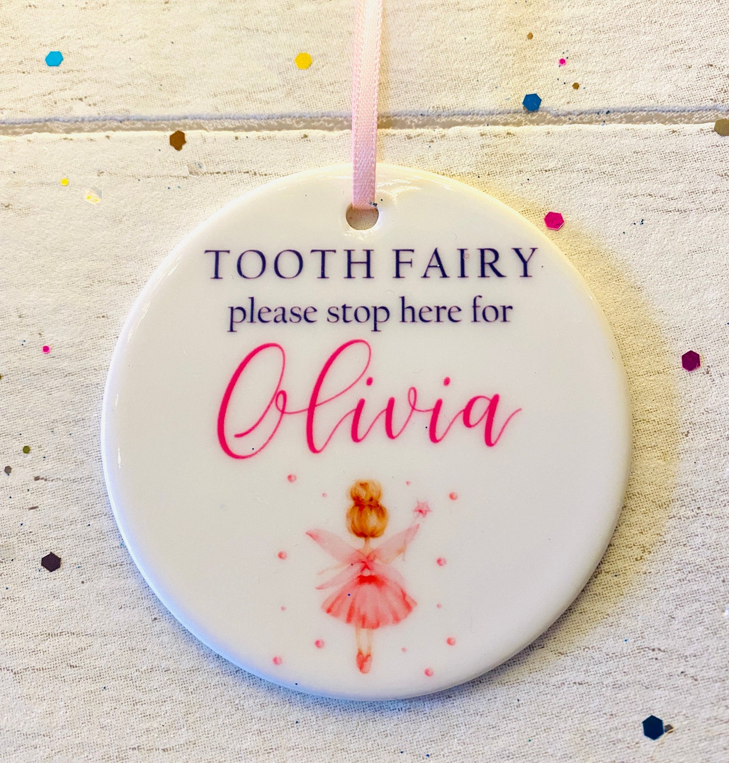 PERSONALISED Stop Here Tooth Fairy Ceramic Door Hanging Sign