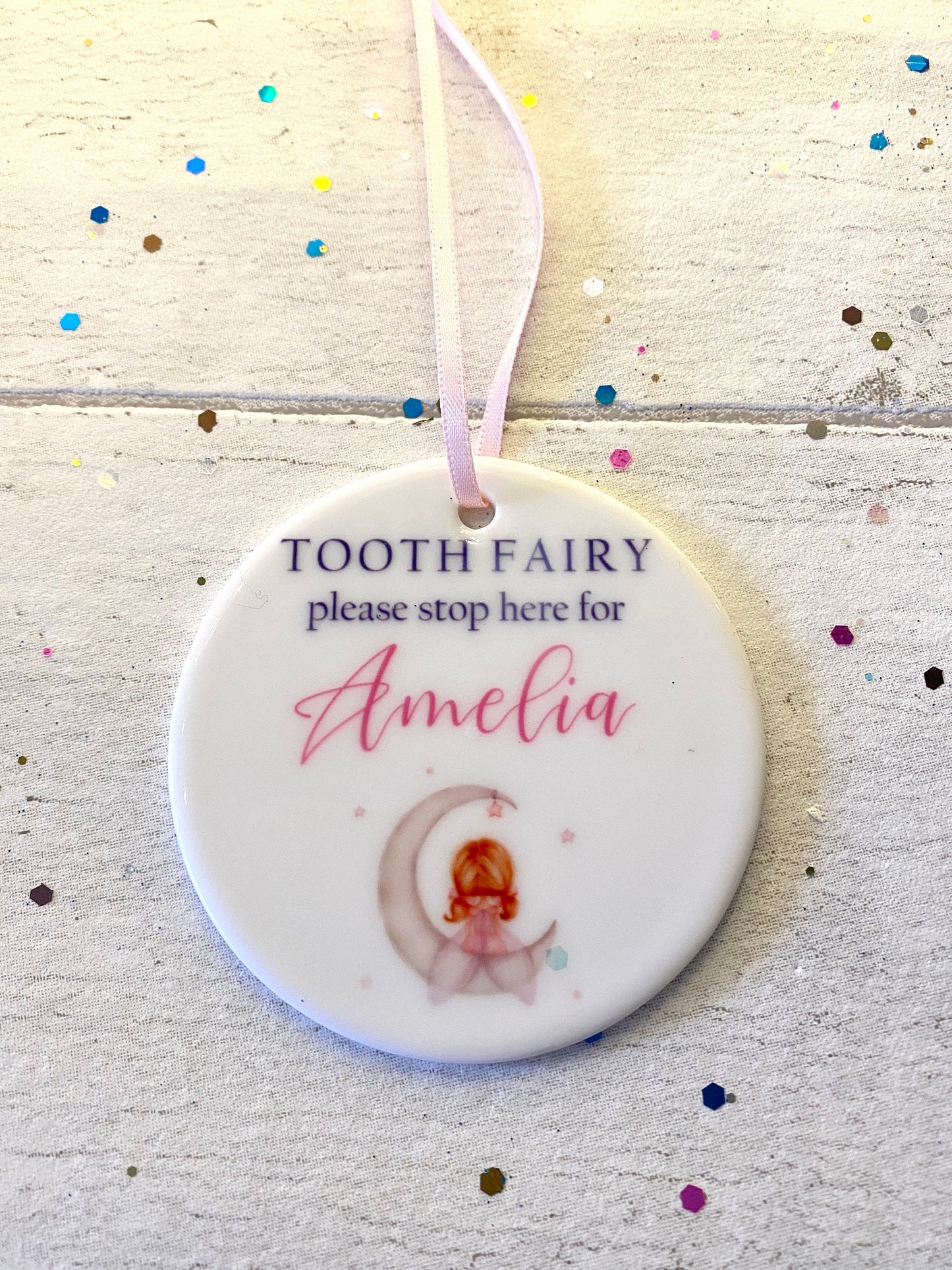 PERSONALISED Stop Here Tooth Fairy Ceramic Door Hanging Sign