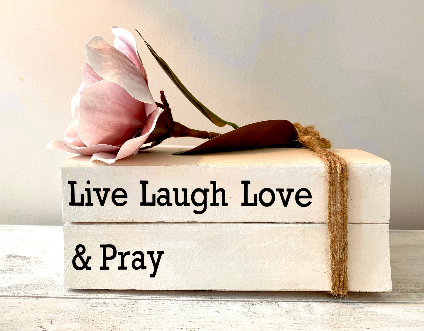 Live, Laugh, Love & Pray Custom Religious Book Stack- Personalised Words- Religious Decoration, Home Decor White Books, Faith Ornament