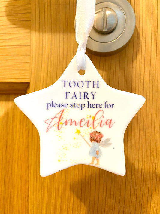 PERSONALISED Stop Here Tooth Fairy Ceramic Door Hanging Sign