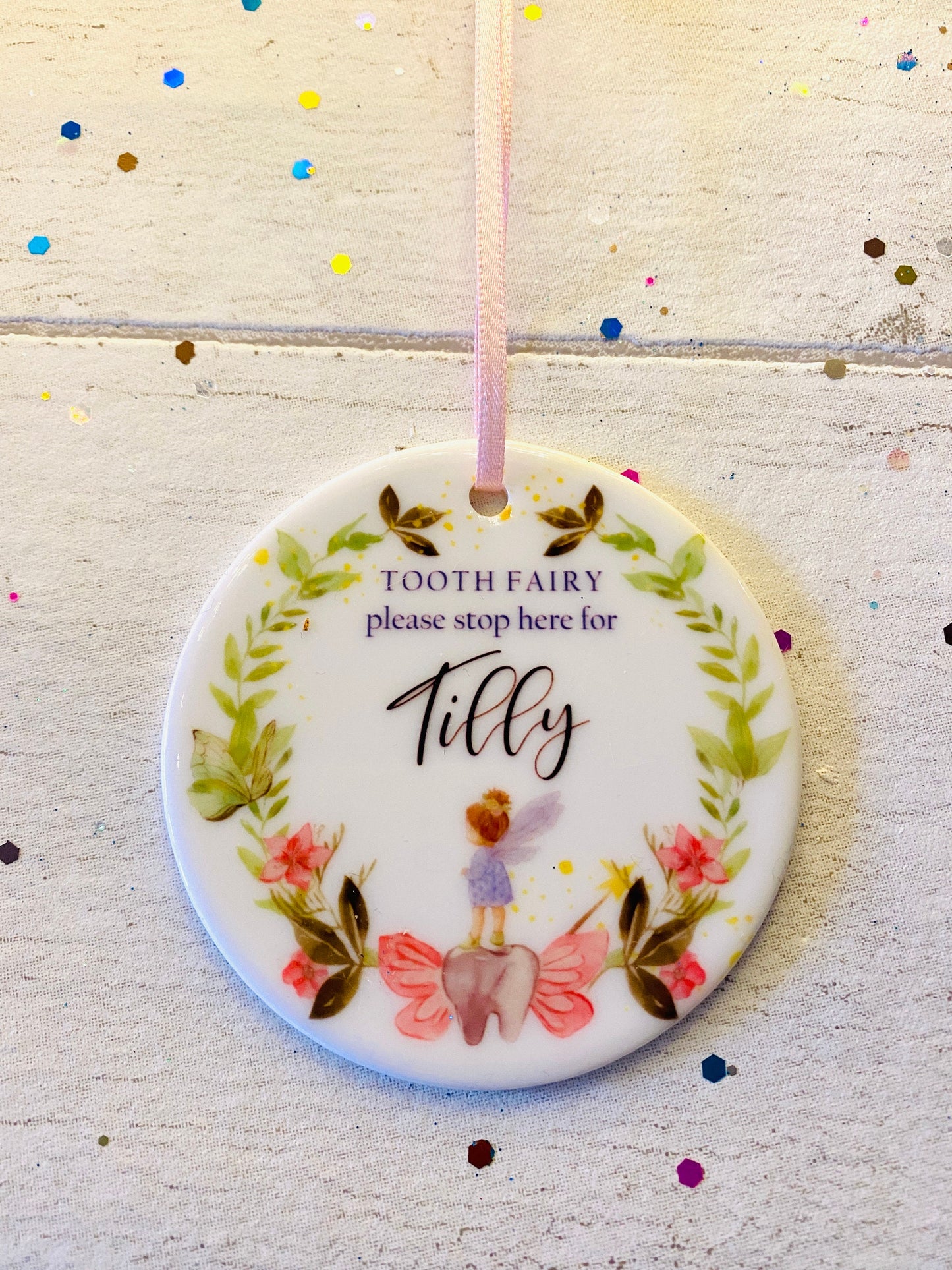 PERSONALISED Stop Here Tooth Fairy Ceramic Door Hanging Sign