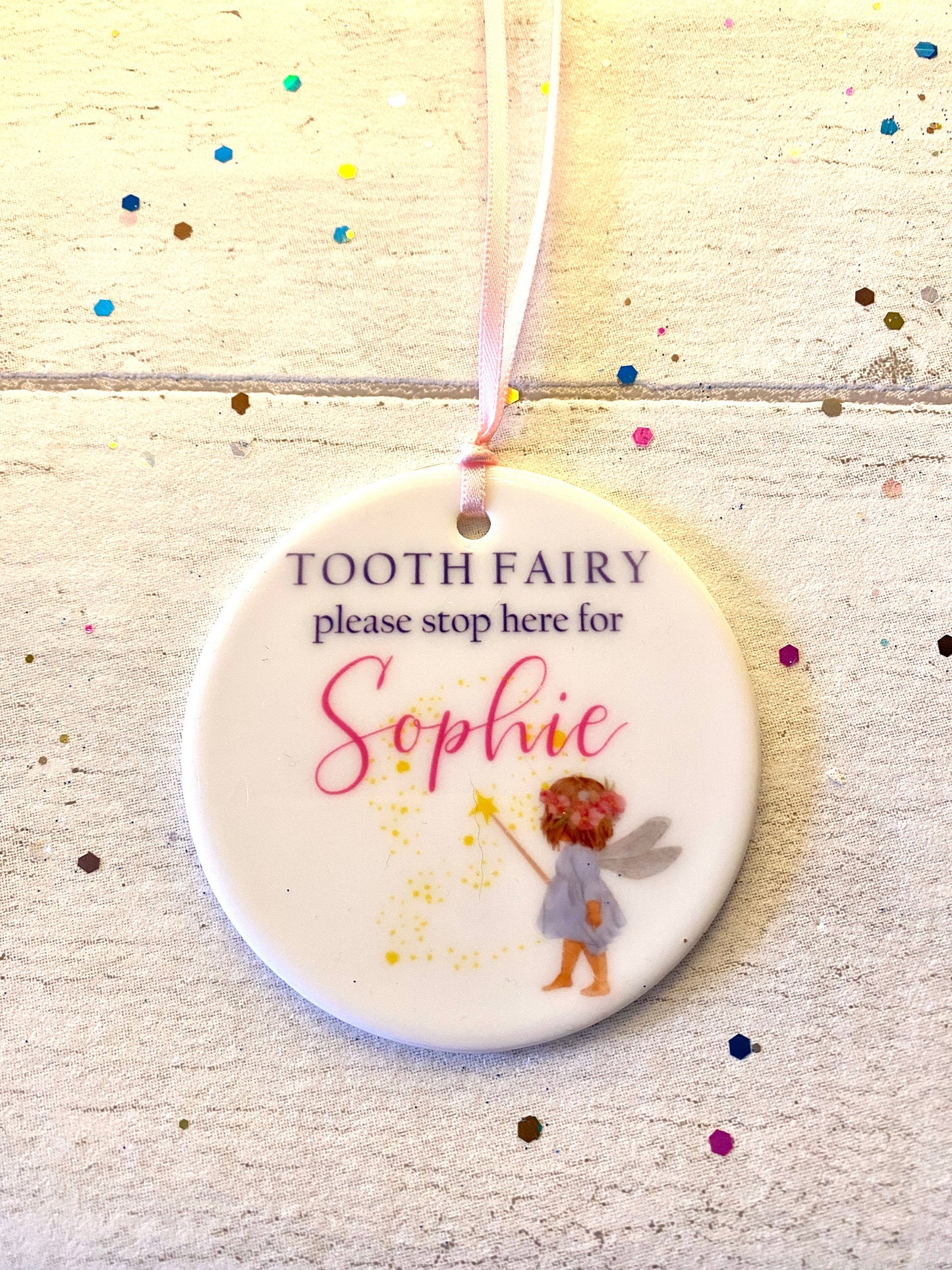 PERSONALISED Stop Here Tooth Fairy Ceramic Door Hanging Sign