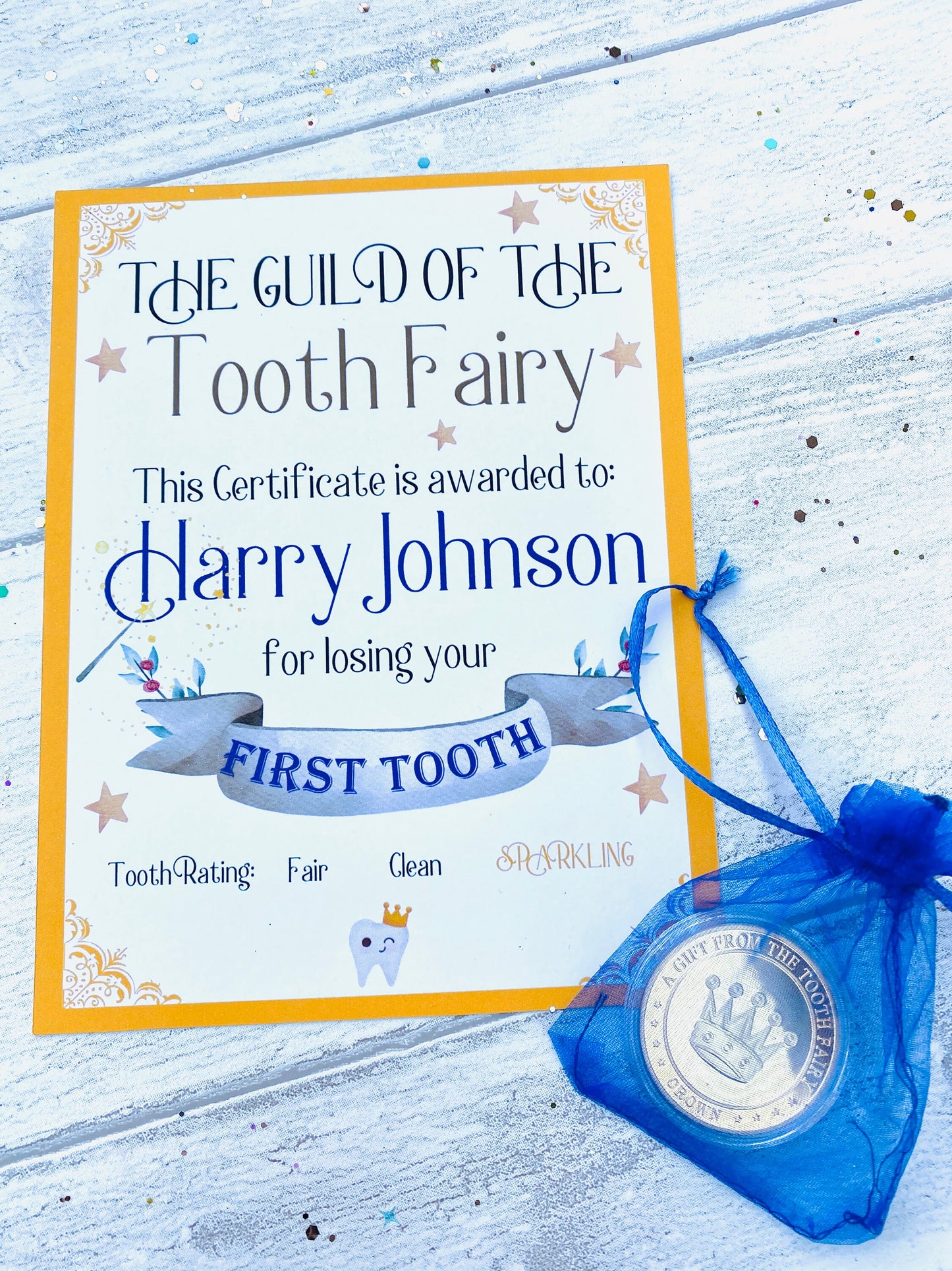 Boy’s and Girl’s First Tooth Certificate from the Tooth Fairy & Large Golden Coin