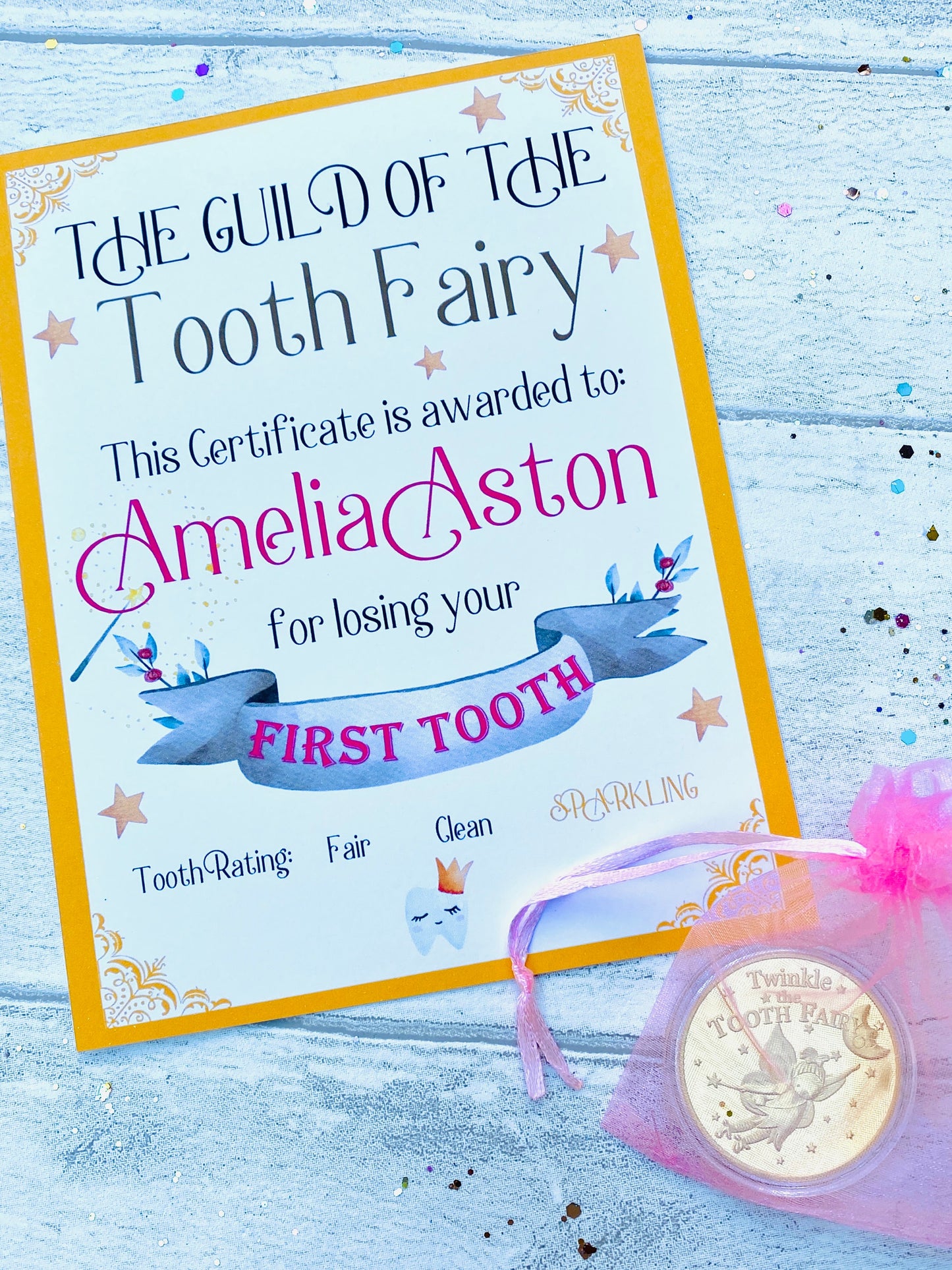 Boy’s and Girl’s First Tooth Certificate from the Tooth Fairy & Large Golden Coin