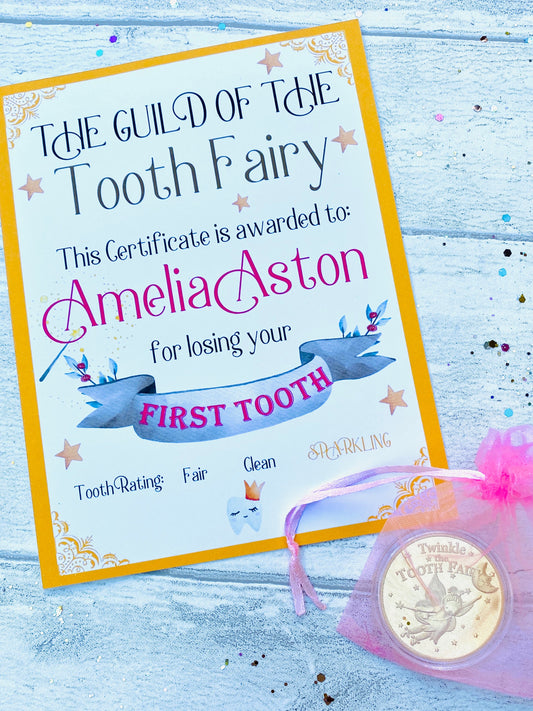 Boy’s and Girl’s First Tooth Certificate from the Tooth Fairy & Large Golden Coin