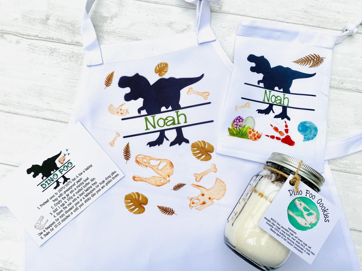 Dinosaur Apron- Kids Apron plus Dino Poo Cookie Jar Mix! Children’s Dinosaur Gift! Great Child Baking Set Apron Gift!