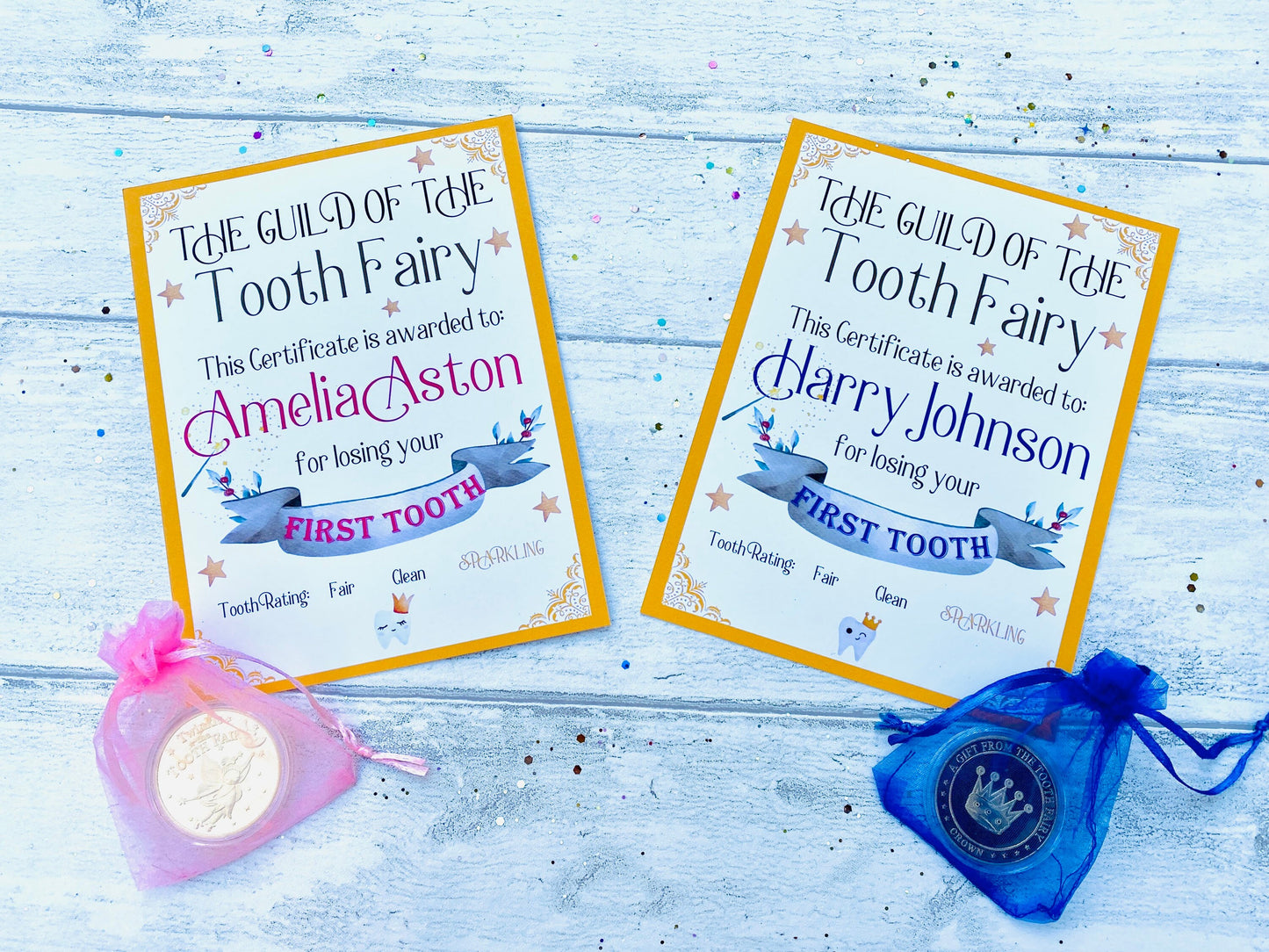 Boy’s and Girl’s First Tooth Certificate from the Tooth Fairy & Large Golden Coin