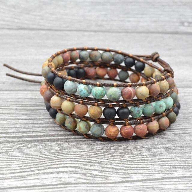 Beautiful Boho Bracelet -Beaded Leather Wrap Multi- Layered Chakra Bracelet with stones entwined with Leather. Friendship Bracelet