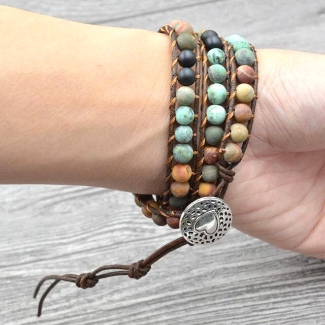 Beautiful Boho Bracelet -Beaded Leather Wrap Multi- Layered Chakra Bracelet with stones entwined with Leather. Friendship Bracelet