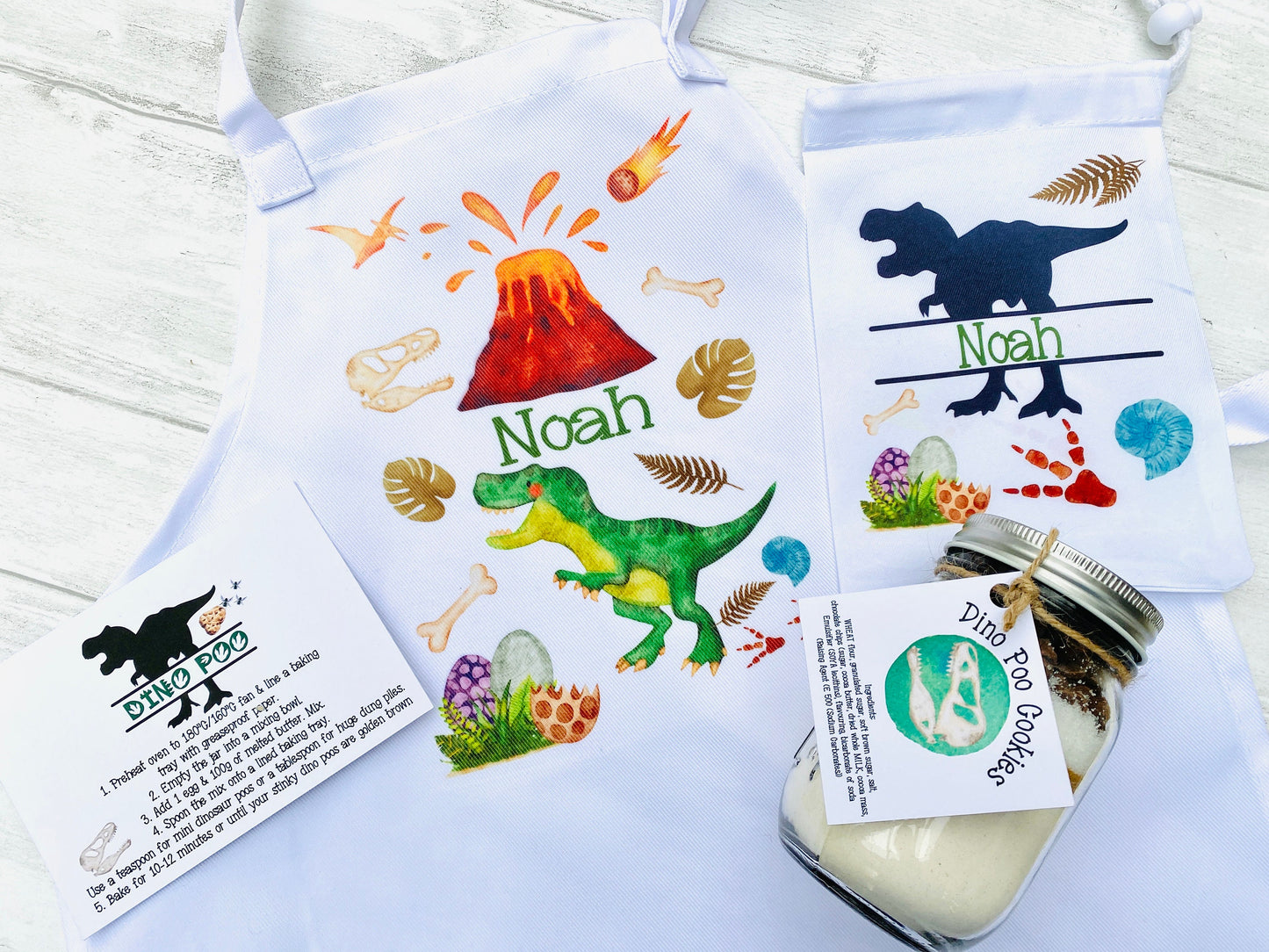 Dinosaur Apron- Kids Apron plus Dino Poo Cookie Jar Mix! Children’s Dinosaur Gift! Great Child Baking Set Apron Gift!