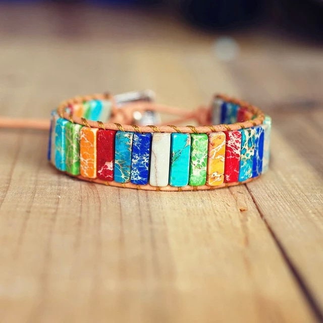 Beautiful Tube Boho Bracelet -Beaded Leather Chakra Bracelet -natural Jasper jewellery entwined with Leather. Healing with Positive Energy