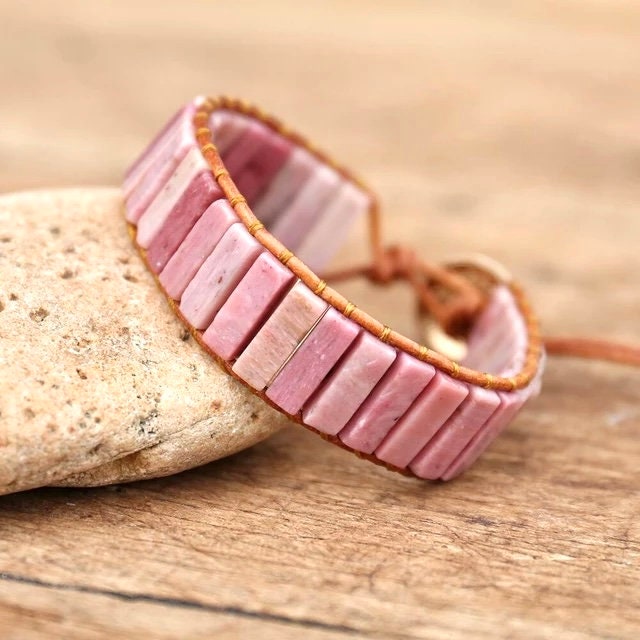 Beautiful Rhodonite Pink Boho Tube Bracelet -Beaded Leather Chakra Bracelet - natural stone entwined with Leather. Healing & Positive Energy