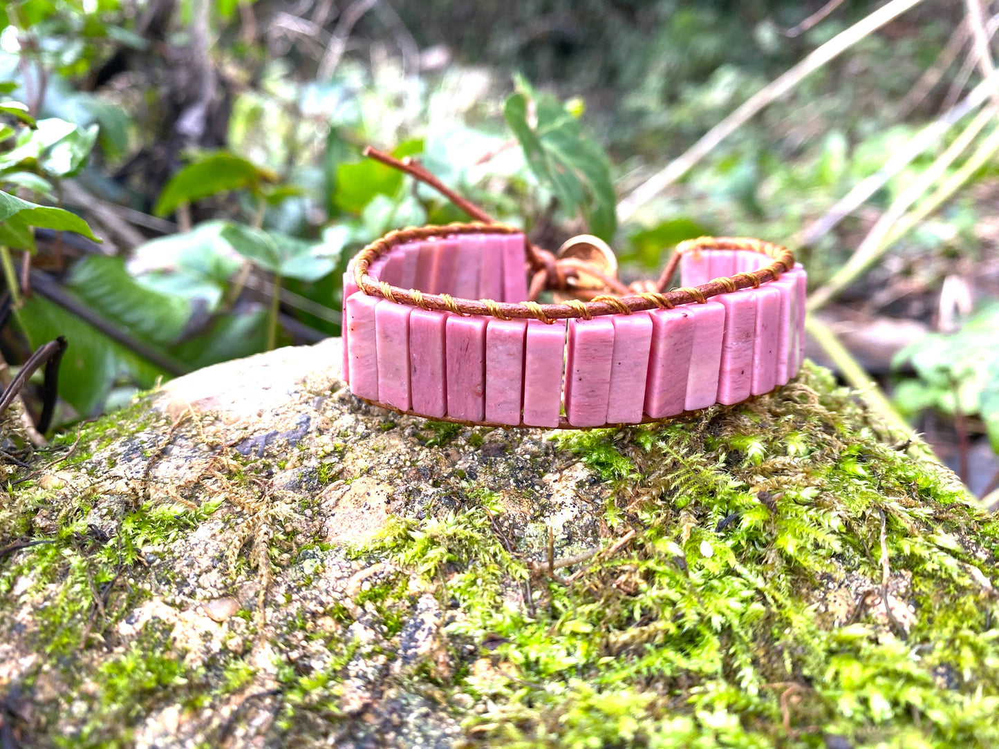 Beautiful Rhodonite Pink Boho Tube Bracelet -Beaded Leather Chakra Bracelet - natural stone entwined with Leather. Healing & Positive Energy
