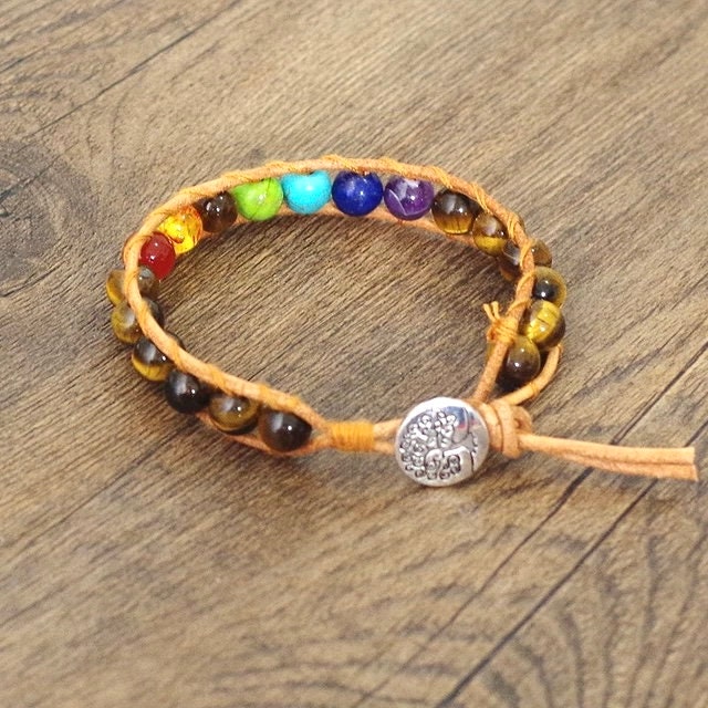 Men’s Women’s Tiger’s Eye Boho Bracelet -Beaded Leather Chakra Bracelet - natural stone entwined with Leather. Healing with Positive Energy