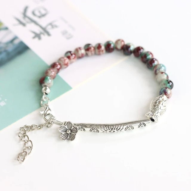 Elegant beaded boho bracelet- engraved metal and beads- hippie, beach nature jewellery perfect gift for her, Valentine’s Day gift