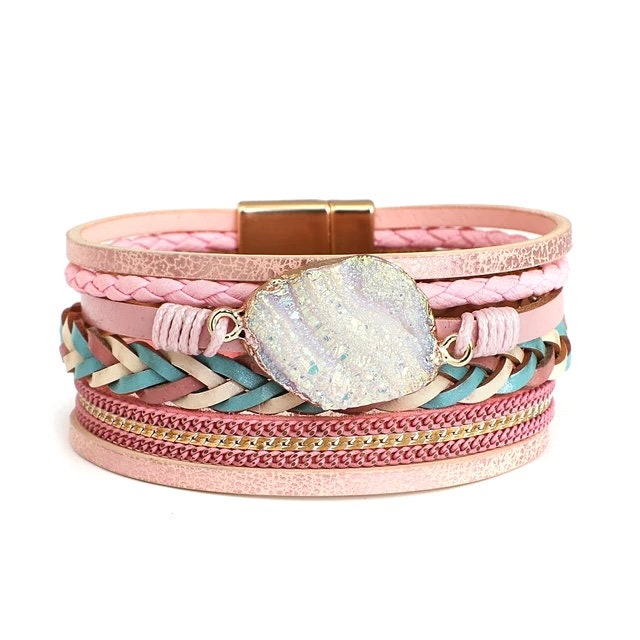 Boho Wide Wrap Bracelet- Hippie Multi-Layer Leather Bracelet with Colourful Stone- Blue & Pink Bohemian designs