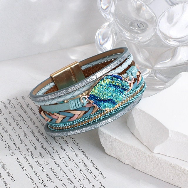 Boho Wide Wrap Bracelet- Hippie Multi-Layer Leather Bracelet with Colourful Stone- Blue & Pink Bohemian designs