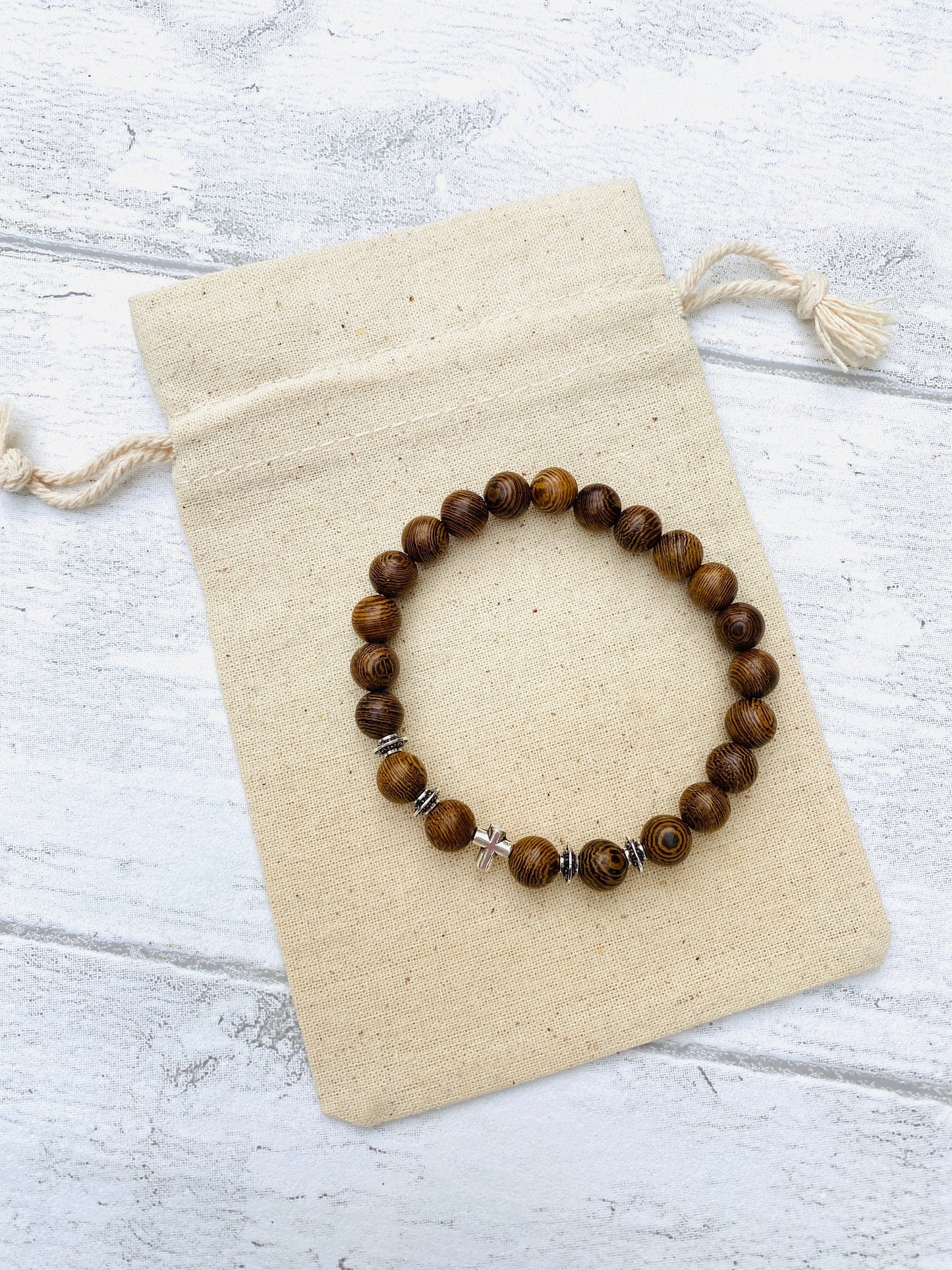 Mens Womens Natural Wooden Bead Bracelet- Meditation Prayer Yoga Cross Unisex Bracelet