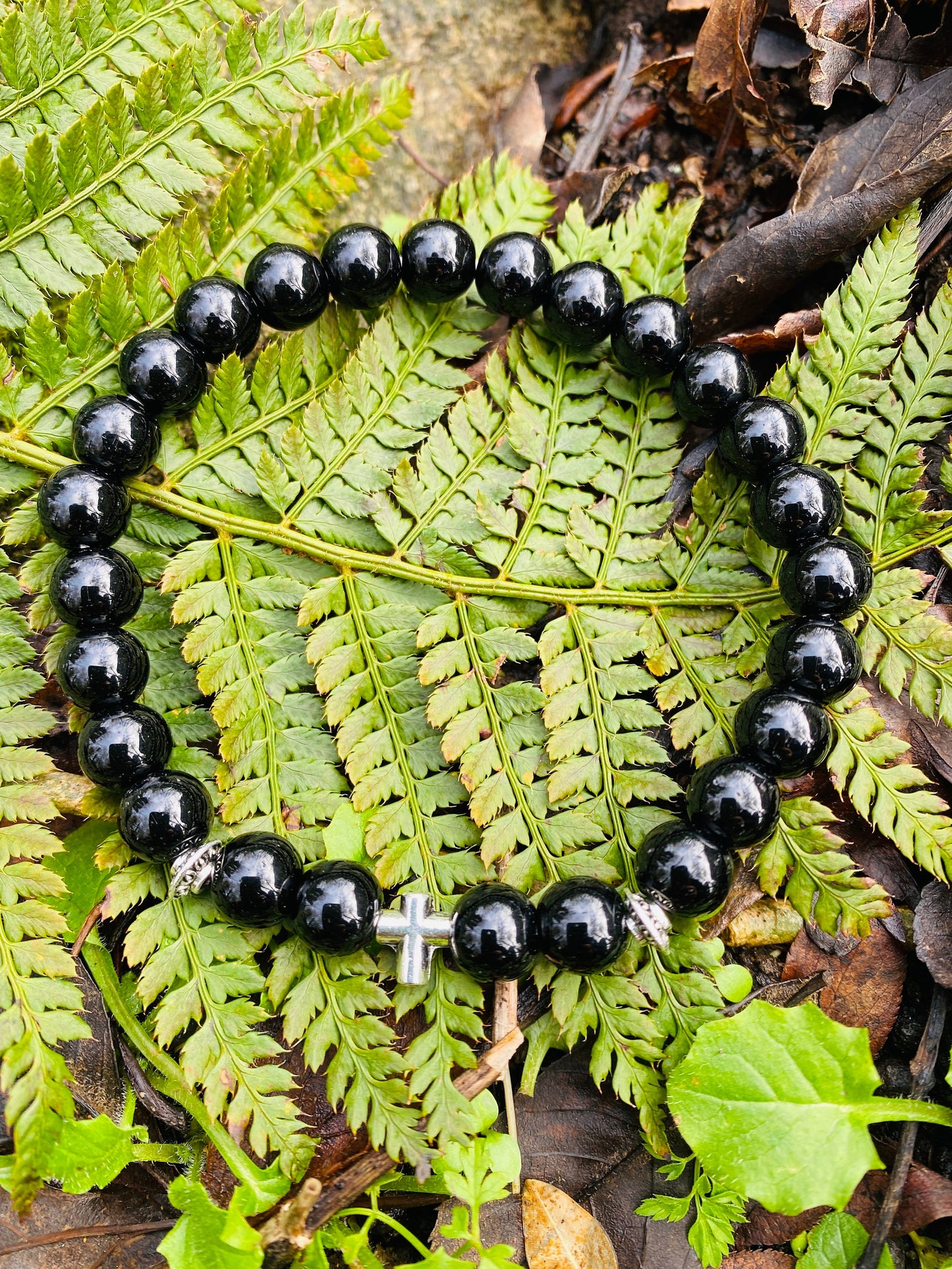 Mens Black Bead Bracelet- Meditation Prayer Yoga Cross Bracelet