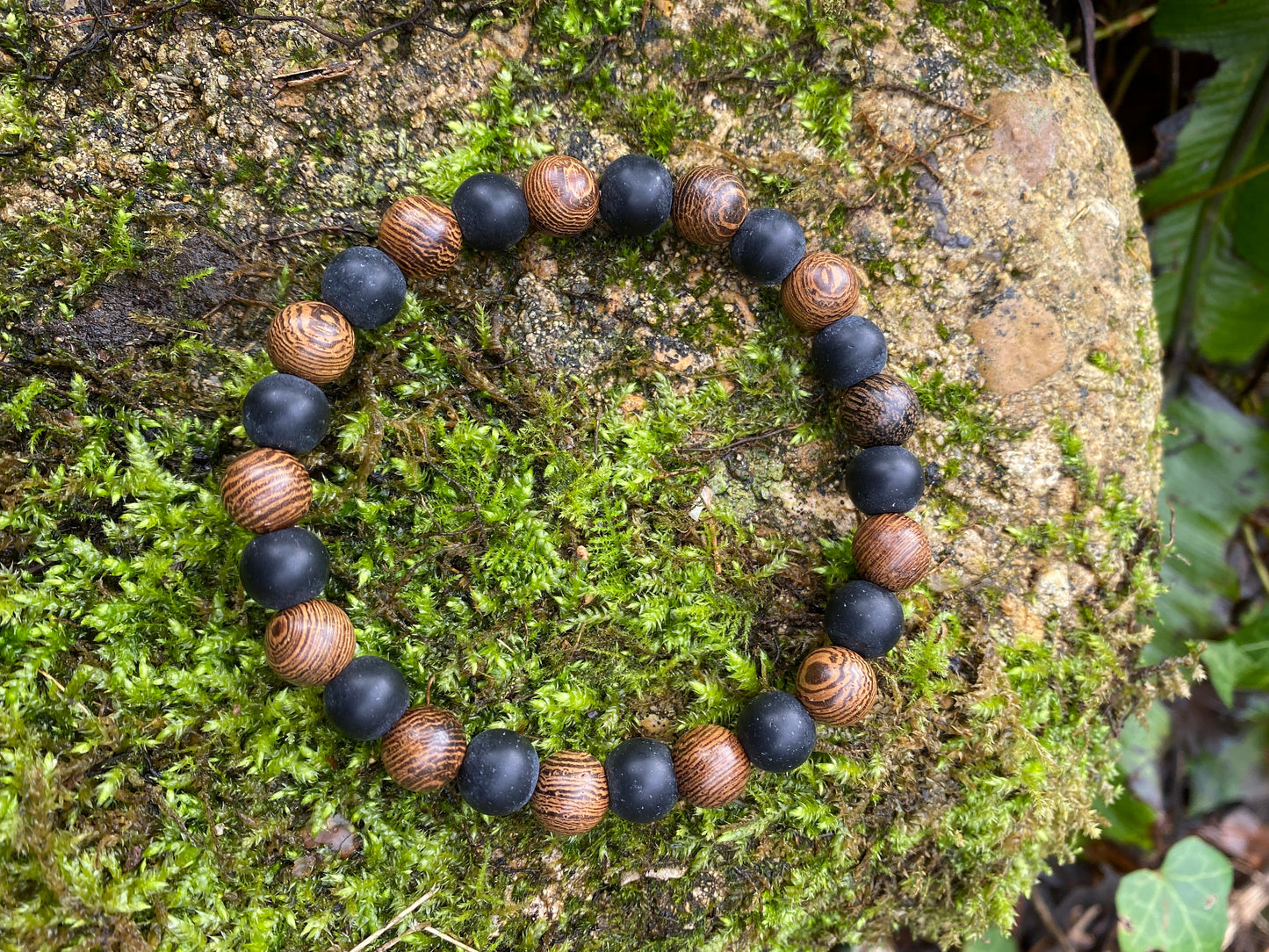 Mens Black and Natural Wooden Bead Bracelet- Meditation Prayer Yoga Cross Bracelet