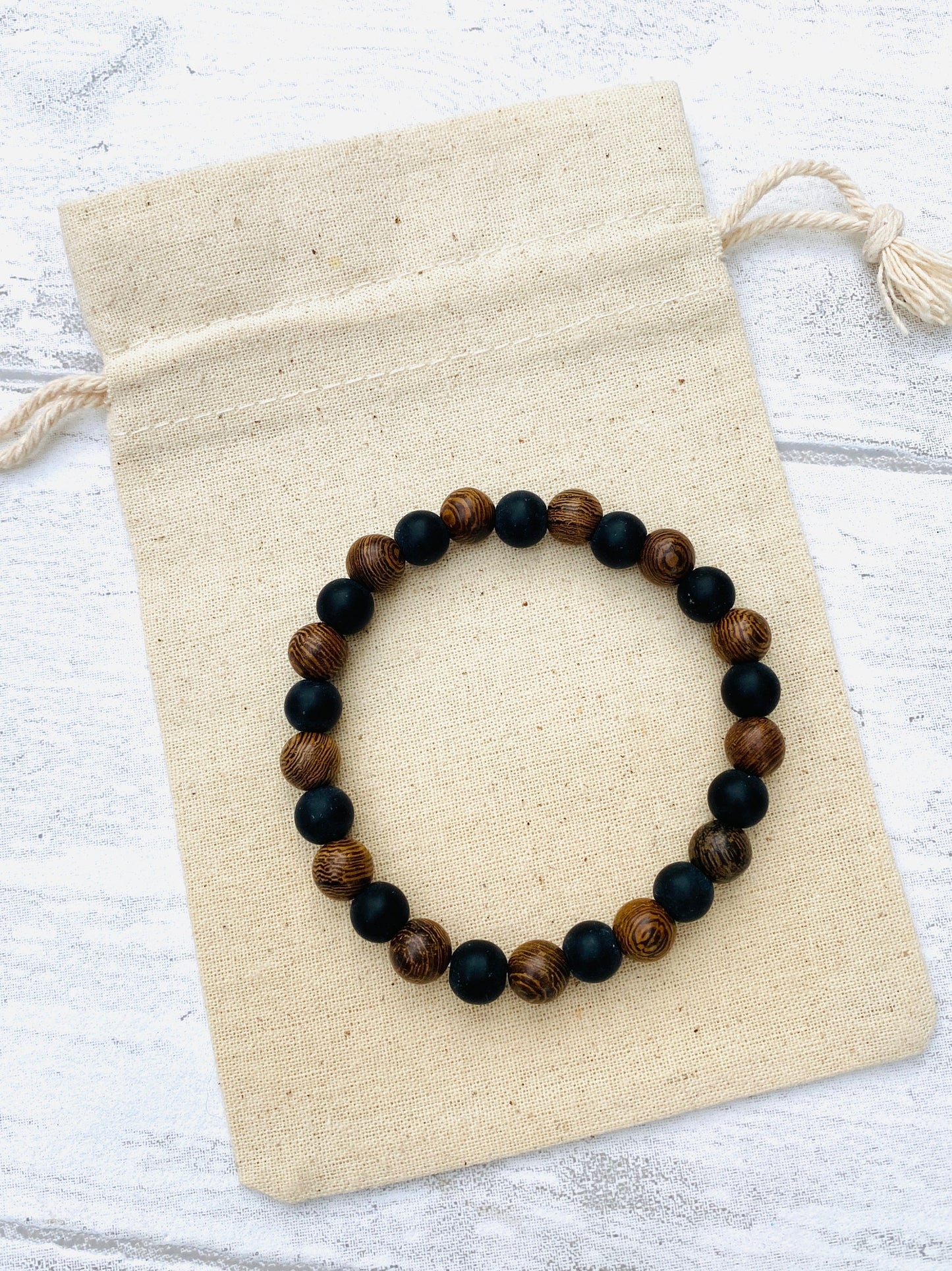 Mens Black and Natural Wooden Bead Bracelet- Meditation Prayer Yoga Cross Bracelet